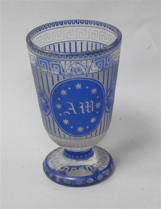 A Bohemian blue overlay glass goblet, c.1860, height 4in.